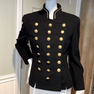 80s Lux Mondi Navy New Wool Double Breasted Military Jacket with Brass Buttons